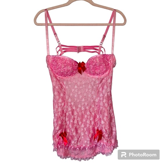 VTG Intimate Attitudes Pink Ruffle Romantic Bow Chemise Romantic Slip Teddy 1X - Picture 1 of 11